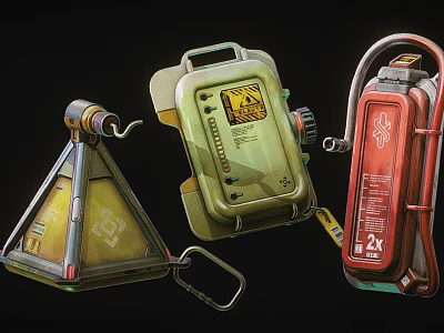 Safety Warning Devices Set Including Triangular Tool Green Alarm And Red Emergency Equipment 3d model
