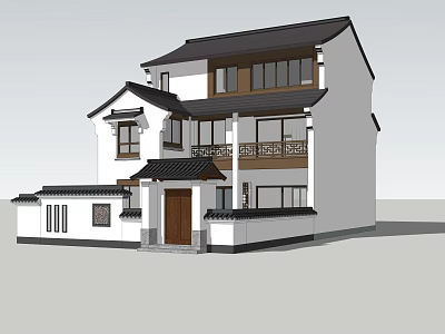 Traditional Chinese Detached Villa With Classic Roof Balcony And White Exterior Design 3d model