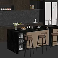 Modern Kitchen Bar Counter With Black Top Three Stools And Wine Bottles