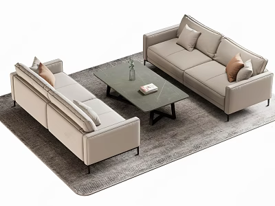 Modern Beige Sofa Set and Glass Top Coffee Table With Accent Pillows and Decorative Vase 3d model