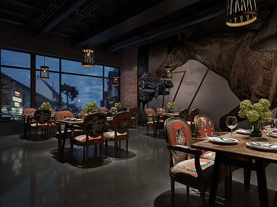 Stylish Restaurant Interior With Wooden Tables Decorative Chairs Chandeliers And Large Windows 3d model