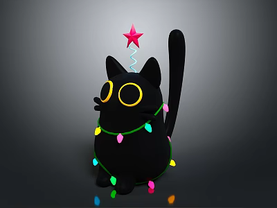 Adorable Black Cat With Festive Red Star And Colorful String Lights Decoration 3d model