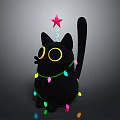 Adorable Black Cat With Festive Red Star And Colorful String Lights Decoration