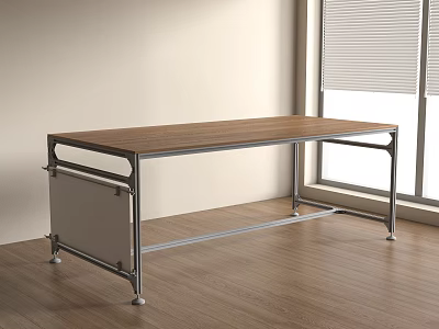 Modern Office Desk With Wooden Top Metal Frame On Wooden Floor By Window With Blinds 3d model