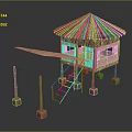 Stilted Rustic Wooden House With Thatch Roof Stairs And Platform Design