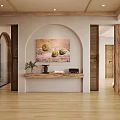 Warm Wooden Living Room Interior With TV Wall Hanging Lights And Arched Doorways