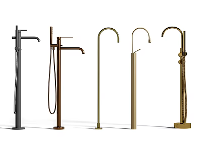 Different Modern Faucets with Diverse Designs and Finishes Arranged in a Row 3d model