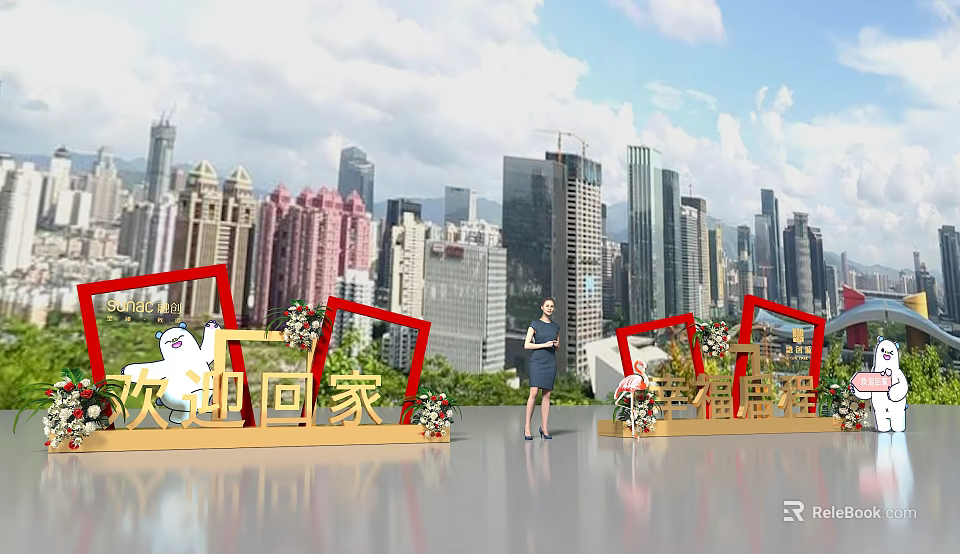 Urban City Skyline Event Scene With Welcome Home New Journey Decorations And Woman Standing In Center 3d model 