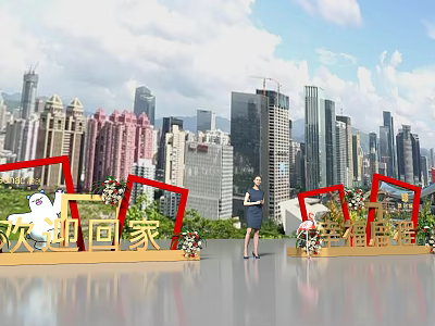 Urban City Skyline Event Scene With Welcome Home New Journey Decorations And Woman Standing In Center 3d model