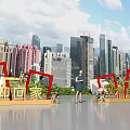 Urban City Skyline Event Scene With Welcome Home New Journey Decorations And Woman Standing In Center