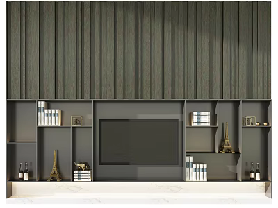 Modern TV Cabinet with Vertical Striped Backdrop Open Shelves Displaying Books and Decor 3d model