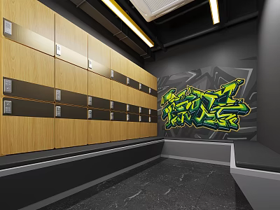 Urban Locker Room Design With Wooden Lockers And Vibrant Graffiti Art On Wall 3d model