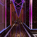 Elegant Elevator Corridor With Purple Lighting Reflective Floor And Decorative Walls 3d model