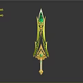 Ornate Fantasy Sword With Green Gemstone And Gold Decorative Hilt