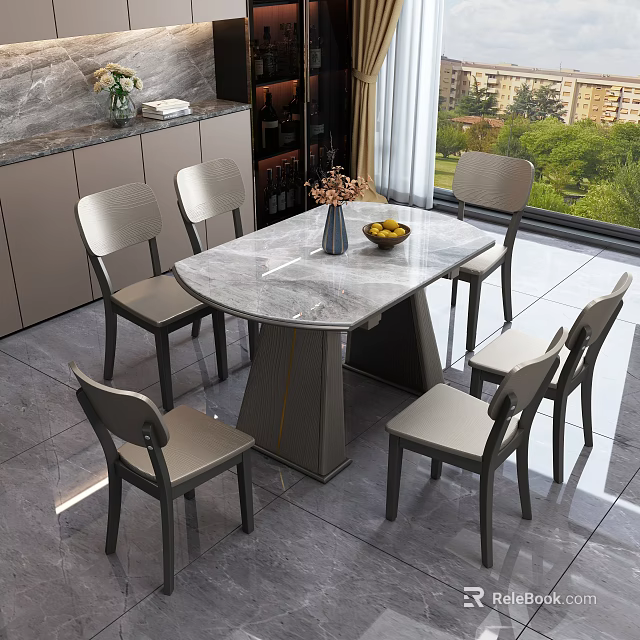 Modern Dining Table Set With Marble Top And Grey Chairs By Large Window 3d model 