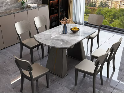 Modern Dining Table Set With Marble Top And Grey Chairs By Large Window 3d model