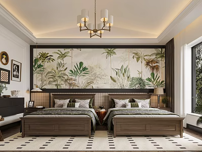 Hotel Room Interior With Twin Beds Tropical Plant Mural Chandelier And Geometric Carpet 3d model