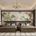Hotel Room Interior With Twin Beds Tropical Plant Mural Chandelier And Geometric Carpet