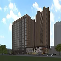 Modern Commercial Street With High Rise Buildings Urban Environment Green Trees And Traffic