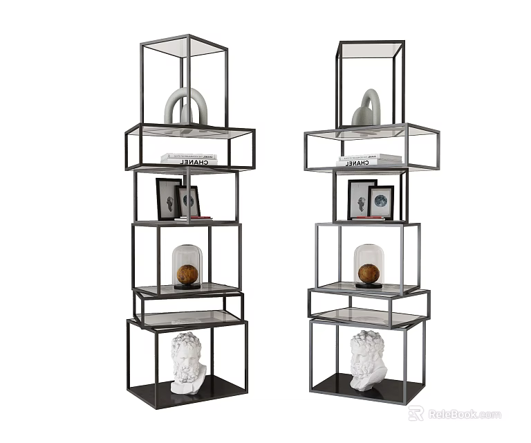 Modern Multi Tiered Display Shelving Unit With Metal Frame Glass Shelves And Decorative Vases 3d model 