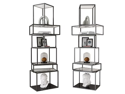 Modern Multi Tiered Display Shelving Unit With Metal Frame Glass Shelves And Decorative Vases 3d model
