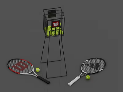Wilson Tennis Rackets and Ball Hopper with Yellow Tennis Balls Scattered on Ground 3d model