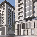 Twin Modern High Rise Office Buildings With Glass Curtain Walls and Landscaped Surroundings Including Trees