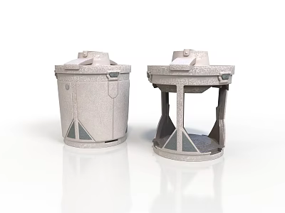 Gray Cylindrical Industrial Containers With Lids Stands And Panel Details 3d model