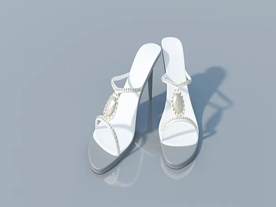 Elegant White High Heel Sandals With Decorative Straps And Shiny Accents On Gray Background 3d model