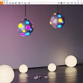 Spherical Pendant Lights with Colorful Dots Design in Purple Wall Interior and White Spherical Decorations