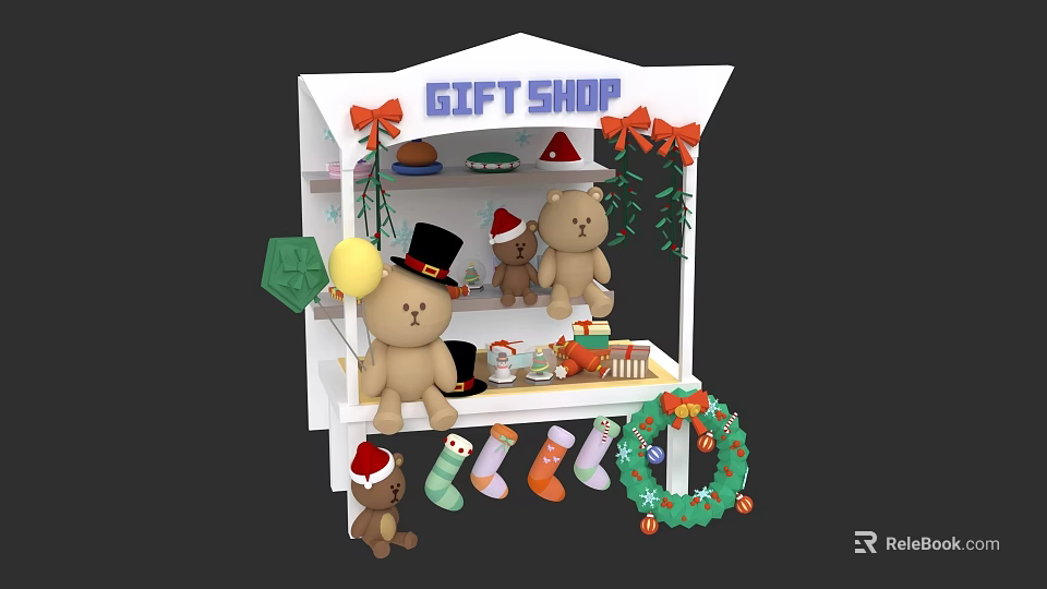 Christmas Themed Ornament Decoration Set with Teddy Bears Stockings Wreaths Gift Boxes in Gift Shop 3d model 
