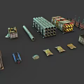 Construction Site Featuring Stacked Steel Pipes Containers Tool Boxes Scaffolding And Materials 3d model