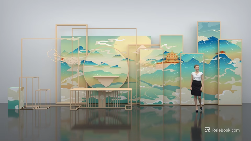 Modern Decorative Installation With Landscape Patterns Geometric Frames And Standing Woman 3d model