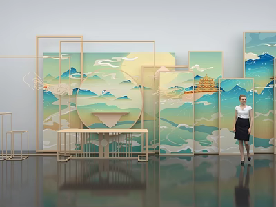 Modern Decorative Installation With Landscape Patterns Geometric Frames And Standing Woman 3d model
