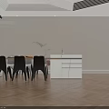 Modern Dining Table Set With Wooden Top Black Chairs And Marble Counter On Herringbone Floor
