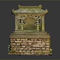 Traditional Chinese Pavilion With Intricate Carvings On Brick Stone Base And Green Plants