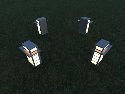Four Square Shaped Outdoor Lights In Circular Arrangement On Grass Illuminated 3d model