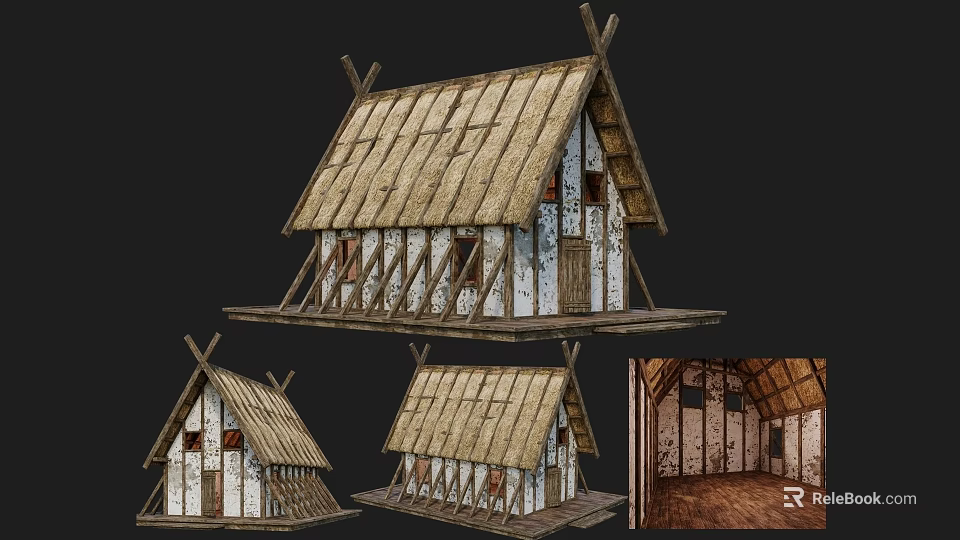Ancient Traditional Building Featuring Thatched Roof Wooden Frame White Walls And Interior 3d model 