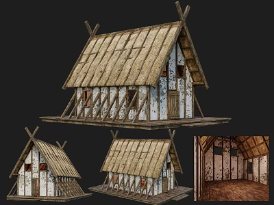 Ancient Traditional Building Featuring Thatched Roof Wooden Frame White Walls And Interior 3d model