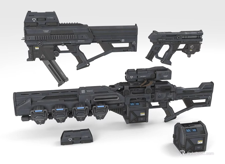 Black Futuristic Sci-Fi Weapons Collection With Rifle Pistol Large Firearm And Ammunition Case 3d model 