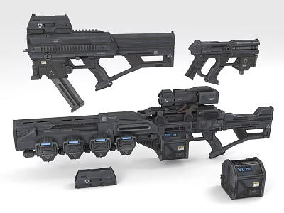 Black Futuristic Sci-Fi Weapons Collection With Rifle Pistol Large Firearm And Ammunition Case 3d model