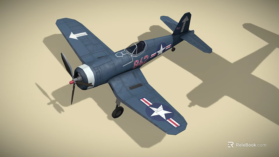 Vintage Dark Blue Fighter Jet With Stars On Wings And Propeller Number 83 3d model 