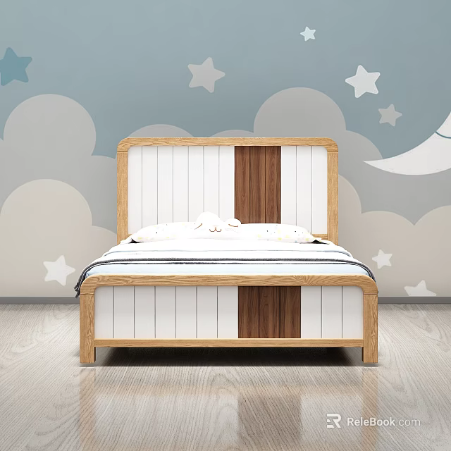 Cozy Kids Bed With Wooden Frame White Brown Headboard And Blue Star Cloud Wall 3d model 