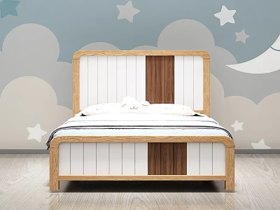 Cozy Kids Bed With Wooden Frame White Brown Headboard And Blue Star Cloud Wall 3d model