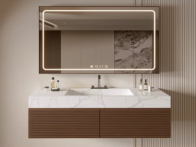 Sleek Modern Bathroom Vanity With Marble Countertop LED Mirror And Storage Cabinets 3d model