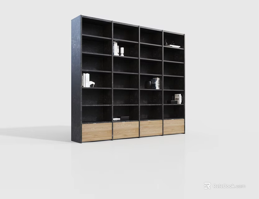 Stylish Modern Bookshelf With Open Compartments Multiple Shelves And Wooden Storage Drawers 3d model 