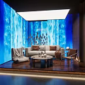 Footprint Logo Modern Lobby With Wooden Decor Dark Floor Blue Screen And Geometric Desk