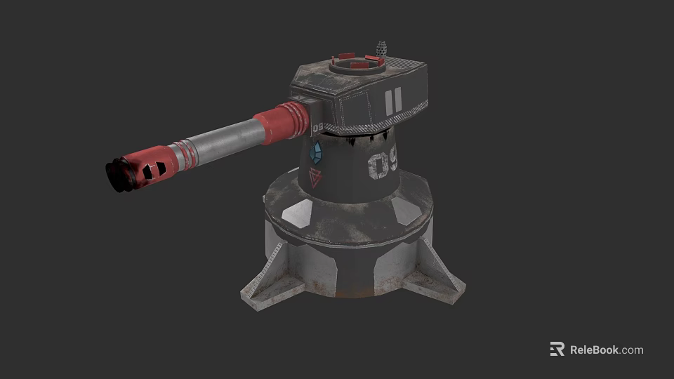 Mechanical Weapon Turret With Red Barrel Gray Body And Stable Base Design 3d model 