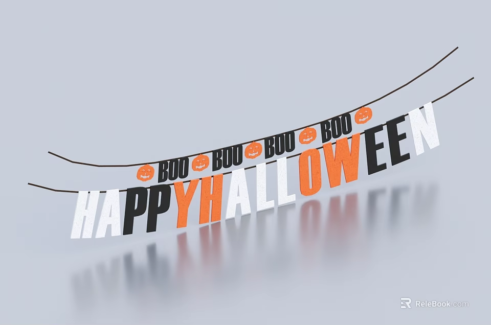 Halloween Hanging Banner Featuring Happy Halloween Text BOO Letters And Pumpkin Icons 3d model 