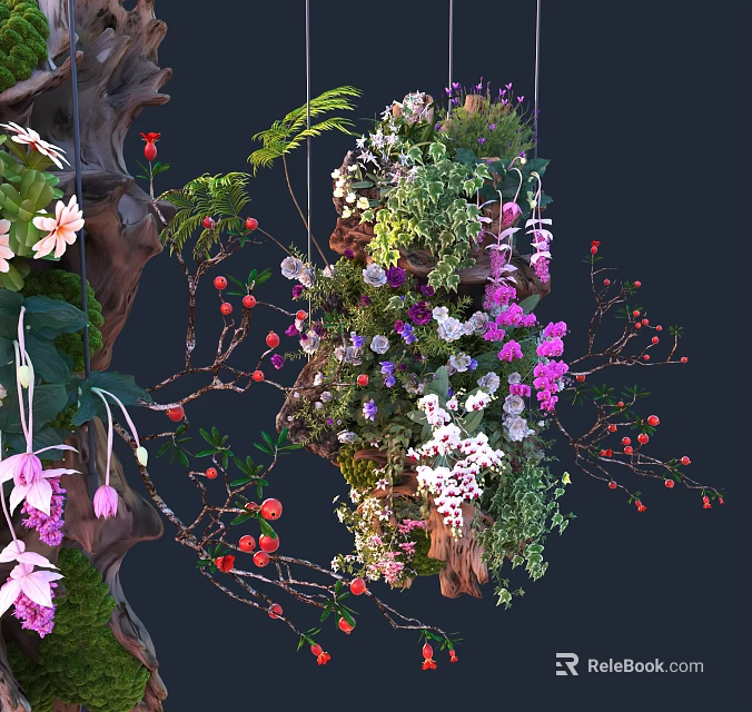 Natural Feature Wall With Lush Greenery Colorful Flowers And Hanging Plants 3d model 